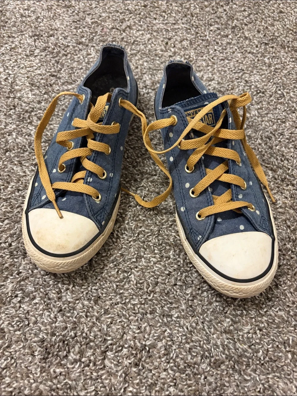 Converse Kids Navy Polka Dot Sneakers with Mustard Laces